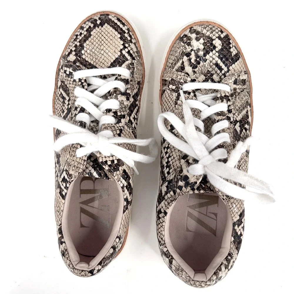 Zara Womens Snakeskin Python Print Low Top Sneaker Lace Up EU 36‎ US 6